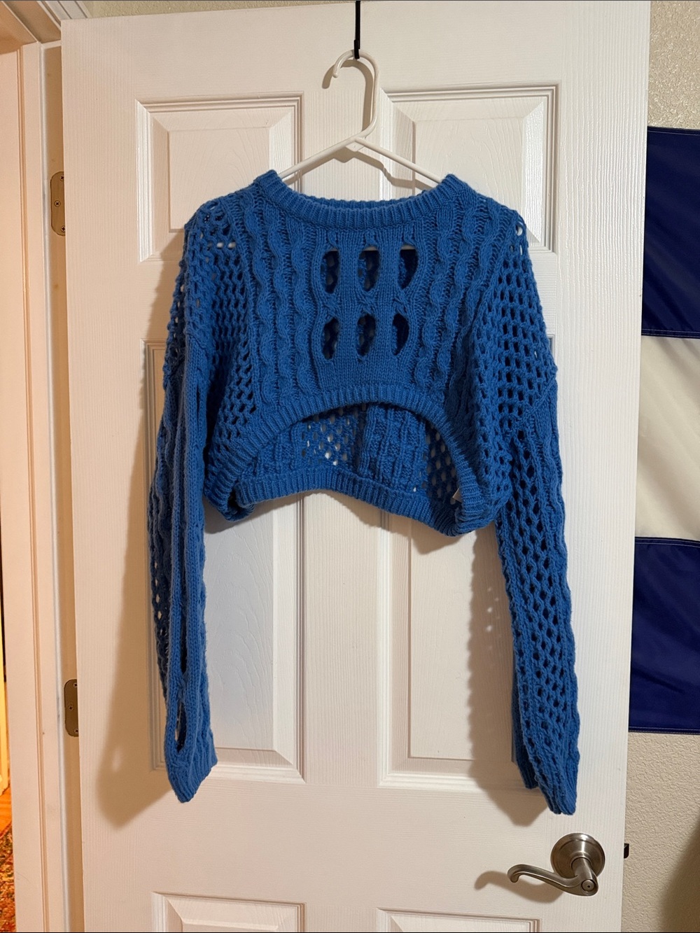 Cider Blue Cropped Open-Knit Cable Sweater